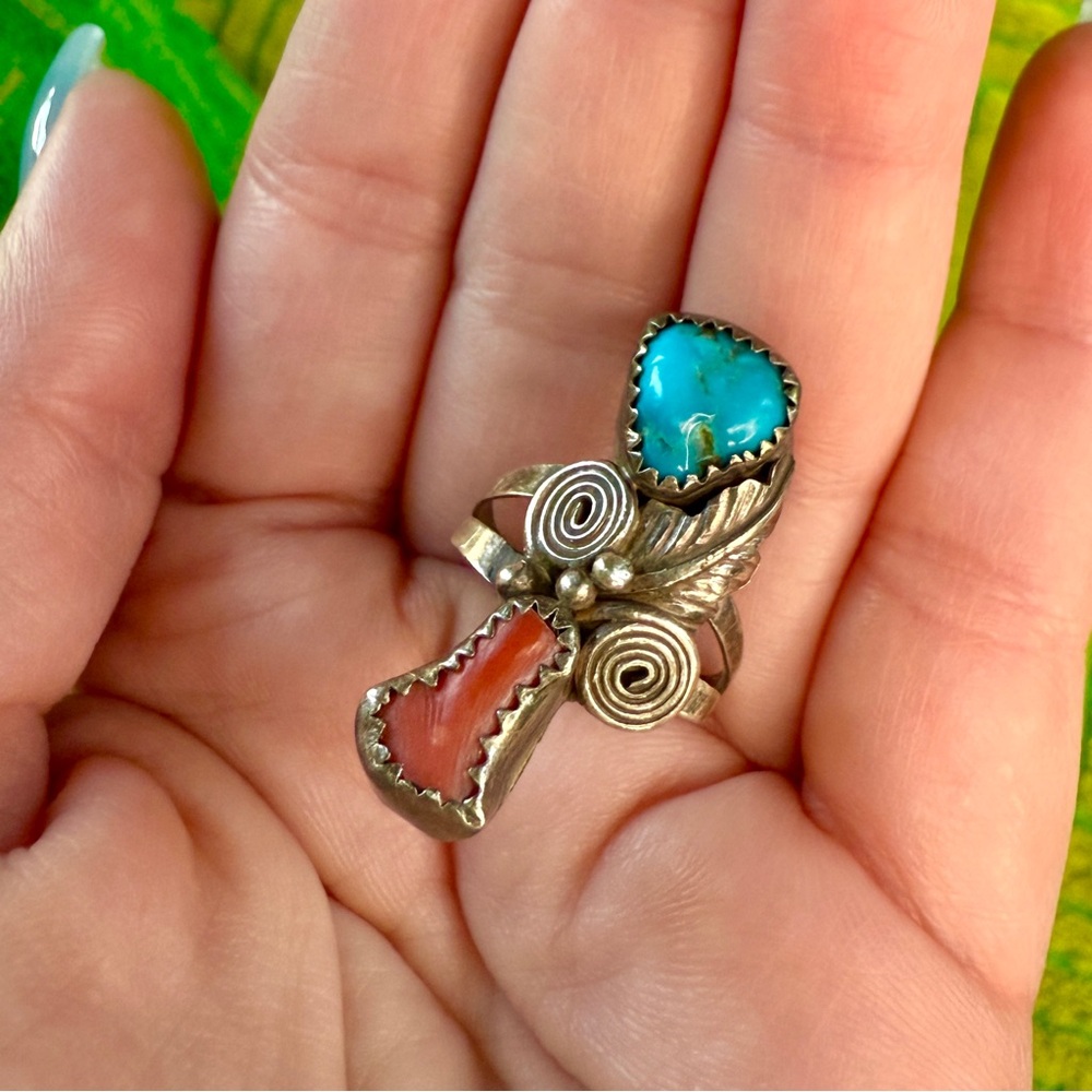 Handcrafted Silver Ring with Turquoise and Coral